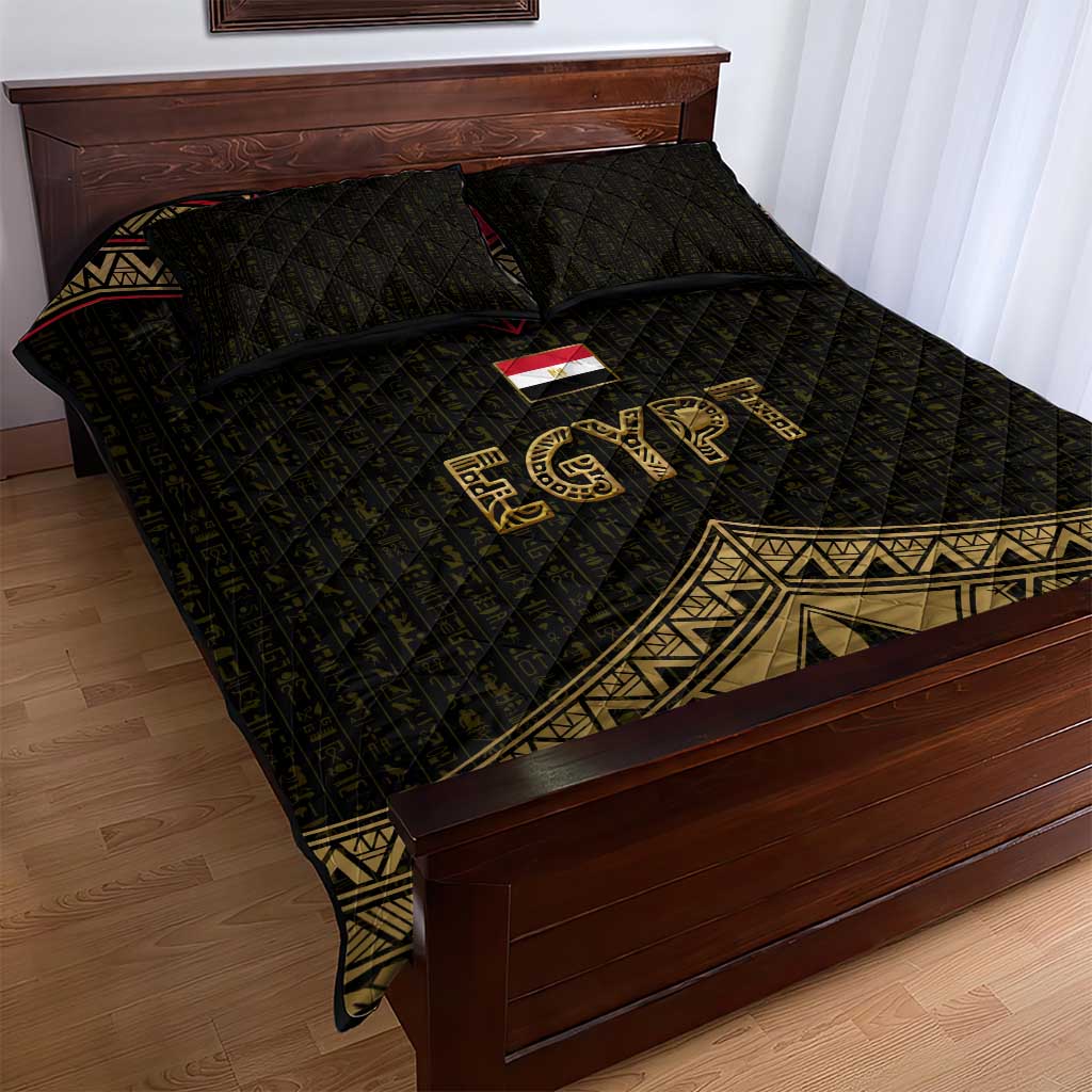 Ankh Eye of Horus Egypt Quilt Bed Set Ancient Black Gold Hieroglyph Spirit - African Pride