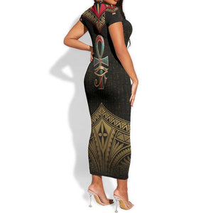 Ankh Eye of Horus Egypt Short Sleeve Bodycon Dress Ancient Black Gold Hieroglyph Spirit - African Pride