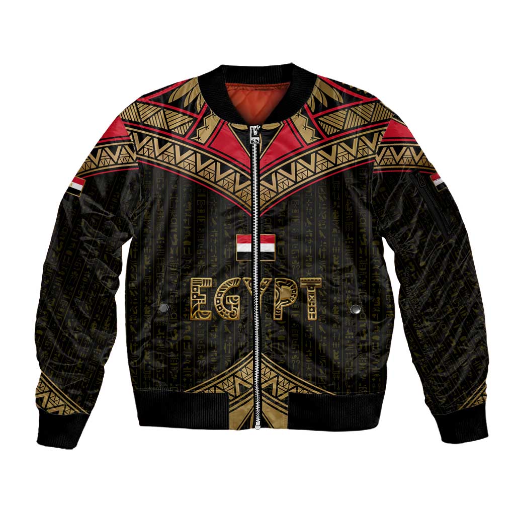 Ankh Eye of Horus Egypt Sleeve Zip Bomber Jacket Ancient Black Gold Hieroglyph Spirit - African Pride