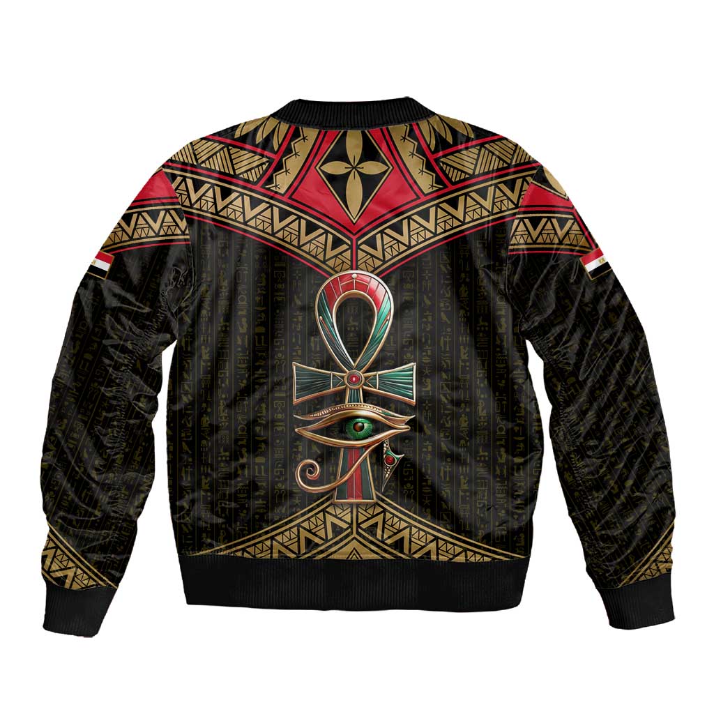 Ankh Eye of Horus Egypt Sleeve Zip Bomber Jacket Ancient Black Gold Hieroglyph Spirit - African Pride