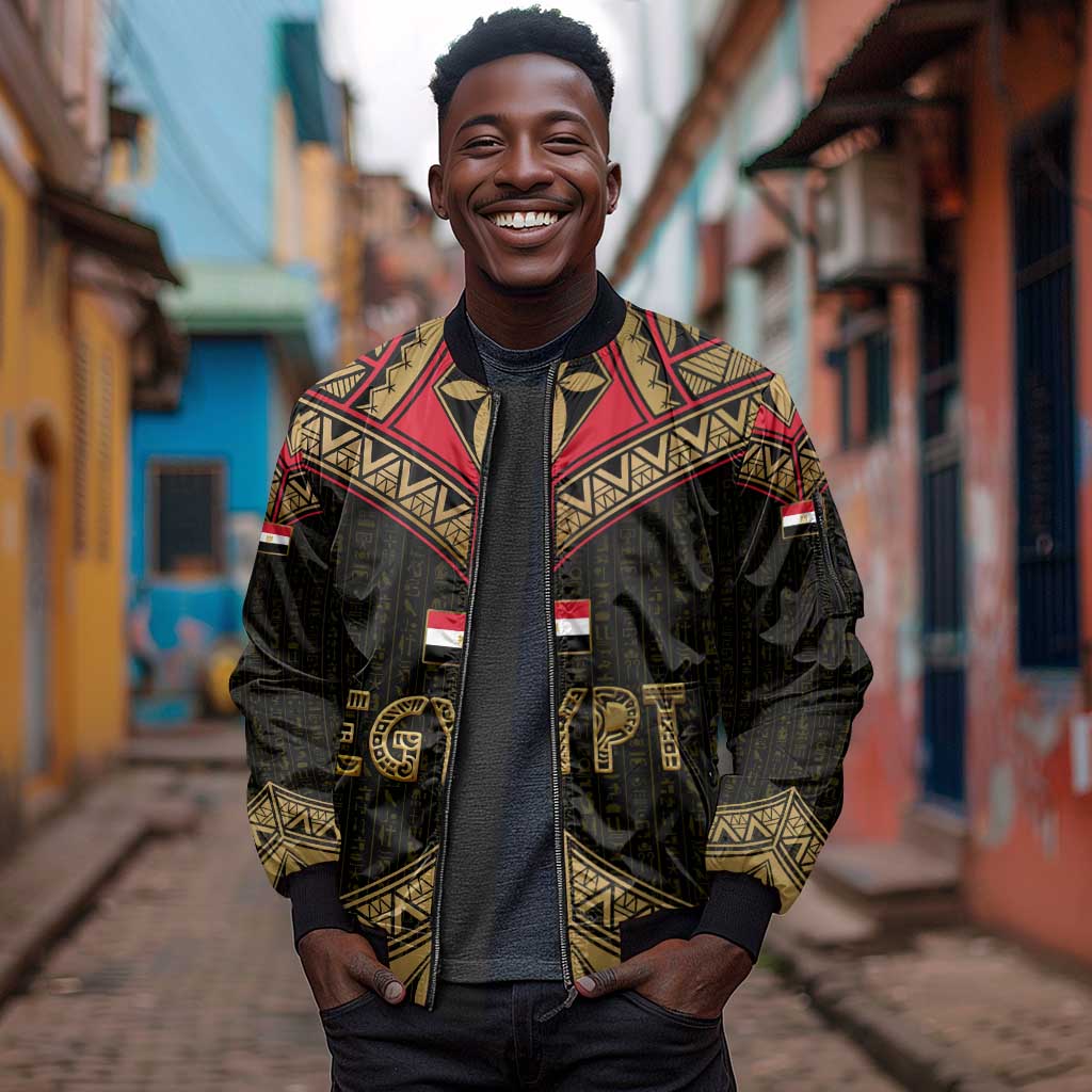 Ankh Eye of Horus Egypt Sleeve Zip Bomber Jacket Ancient Black Gold Hieroglyph Spirit - African Pride