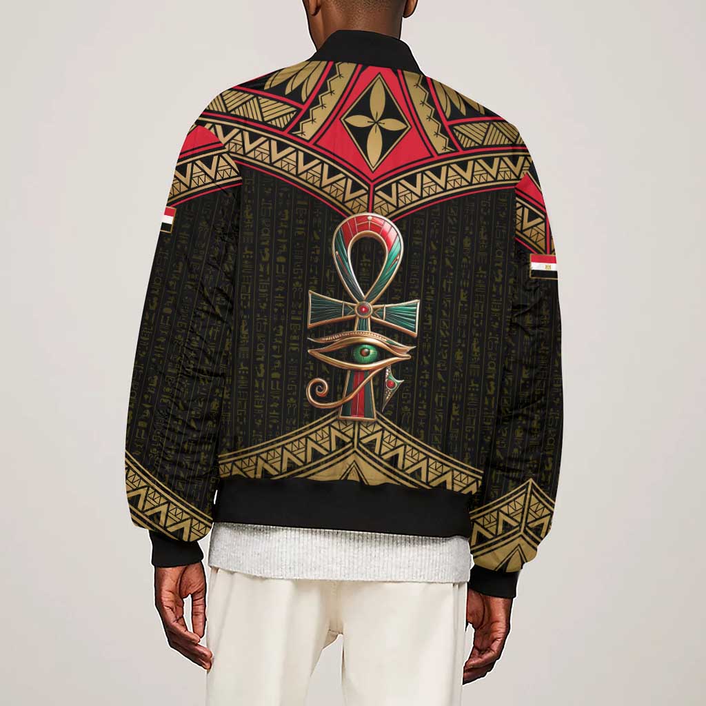 Ankh Eye of Horus Egypt Sleeve Zip Bomber Jacket Ancient Black Gold Hieroglyph Spirit - African Pride