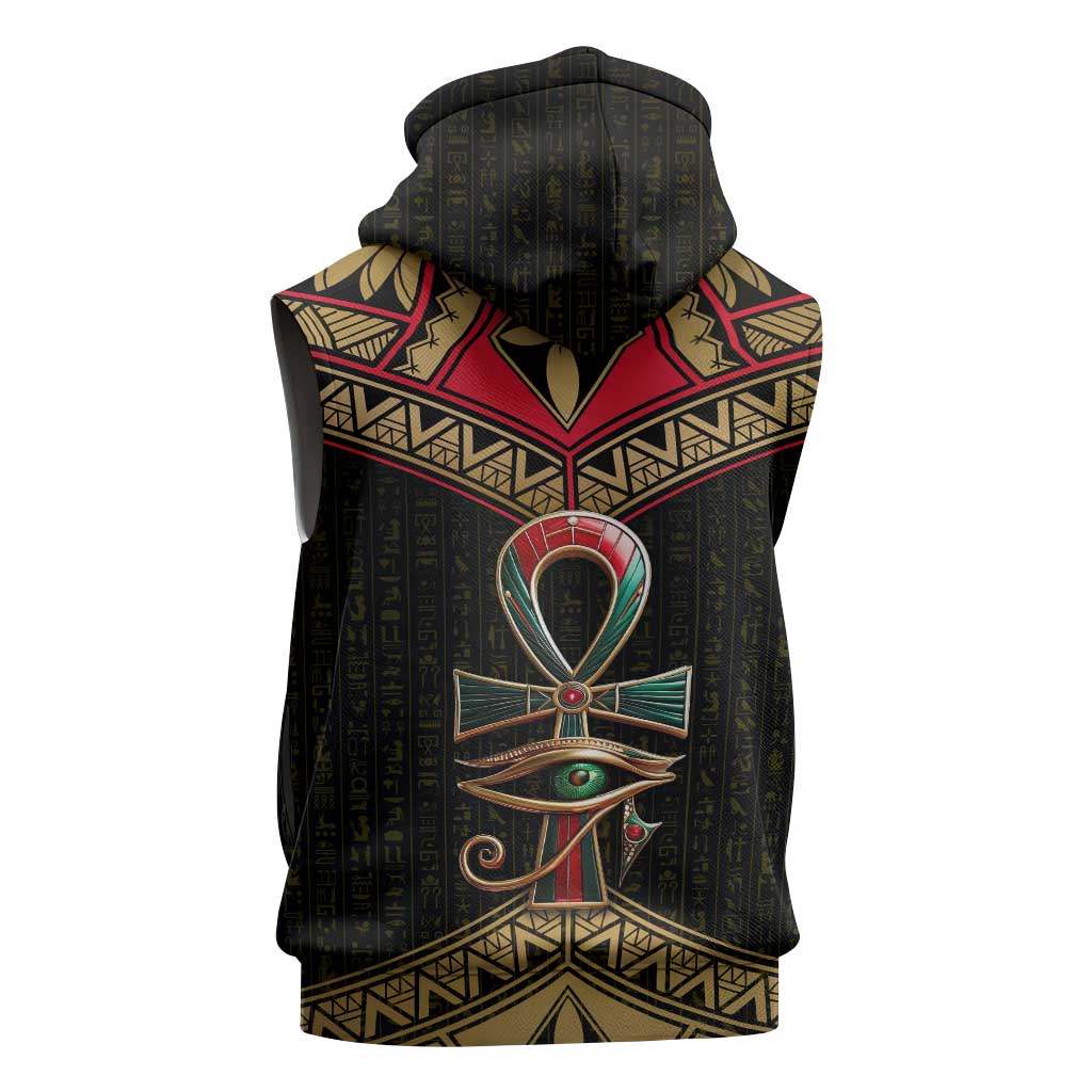 Ankh Eye of Horus Egypt Sleeveless Zip Hoodie Ancient Black Gold Hieroglyph Spirit - African Pride