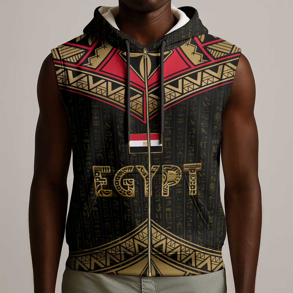 Ankh Eye of Horus Egypt Sleeveless Zip Hoodie Ancient Black Gold Hieroglyph Spirit - African Pride