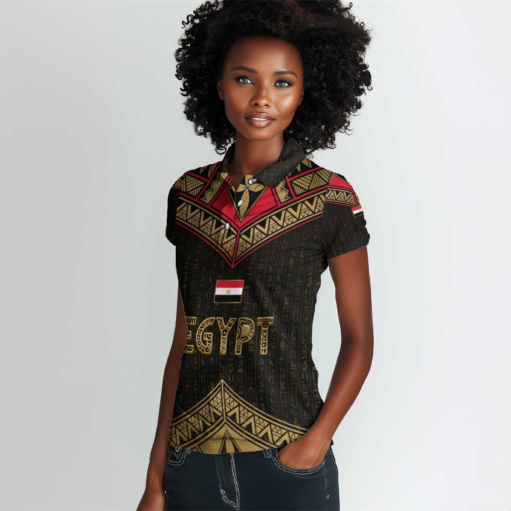 Ankh Eye of Horus Egypt Women Polo Shirt Ancient Black Gold Hieroglyph Spirit - African Pride