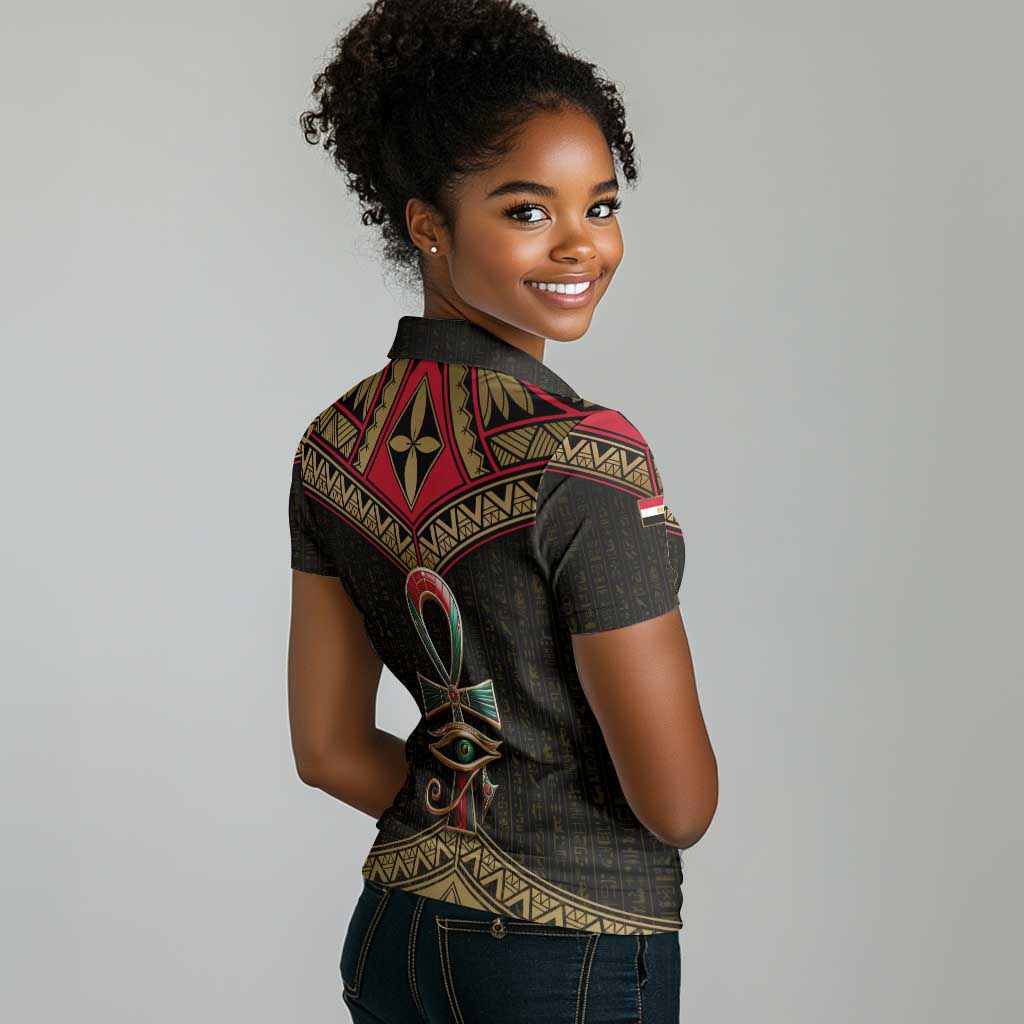 Ankh Eye of Horus Egypt Women Polo Shirt Ancient Black Gold Hieroglyph Spirit - African Pride