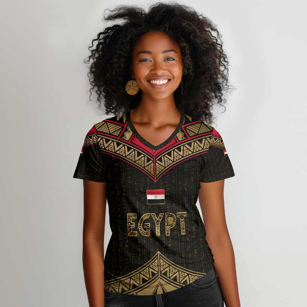 Ankh Eye of Horus Egypt Women V-Neck T-Shirt Ancient Black Gold Hieroglyph Spirit - African Pride