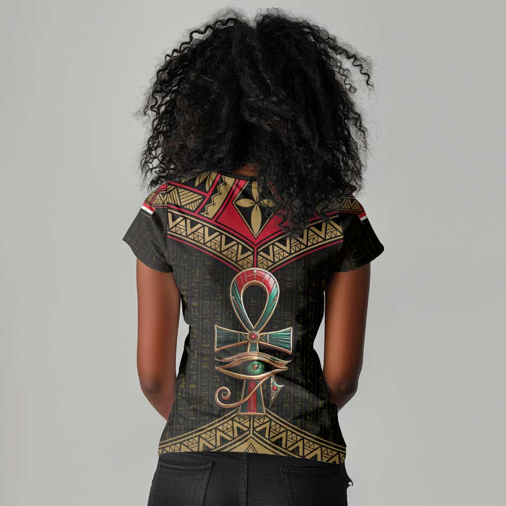 Ankh Eye of Horus Egypt Women V-Neck T-Shirt Ancient Black Gold Hieroglyph Spirit - African Pride