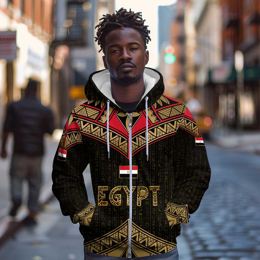 Ankh Eye of Horus Egypt Zip Hoodie Ancient Black Gold Hieroglyph Spirit - African Pride