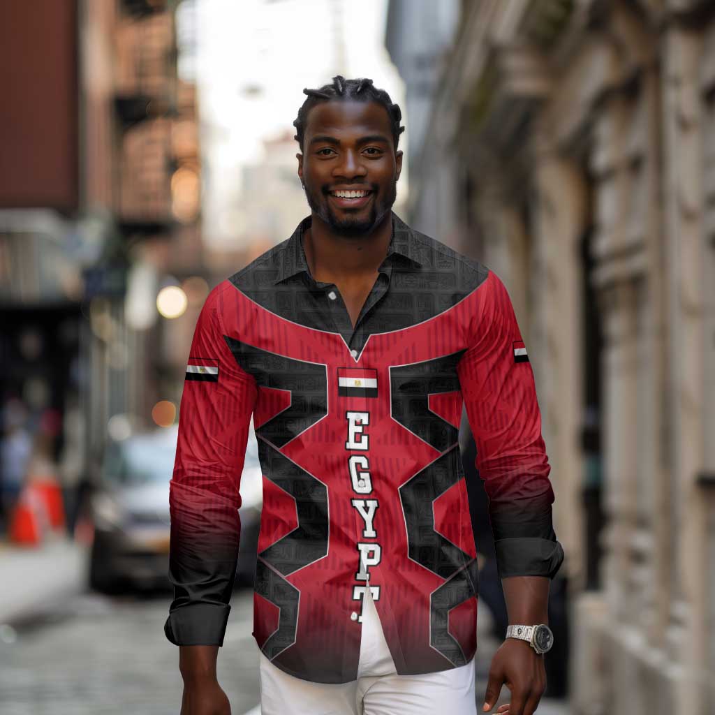 Egypt Flag Emblem Long Sleeve Button Shirt Red Black Bold Spirit - African Pride