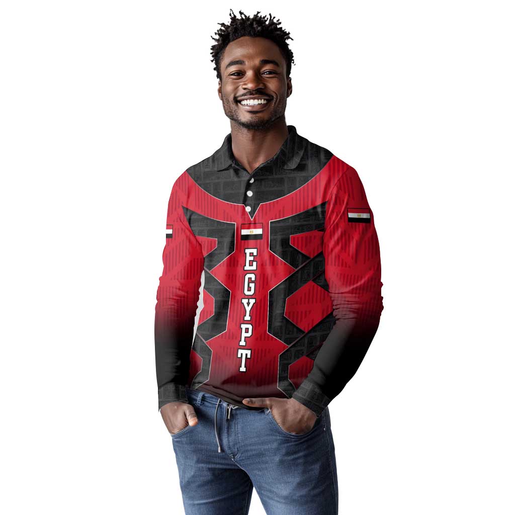 Egypt Flag Emblem Long Sleeve Polo Shirt Red Black Bold Spirit - African Pride