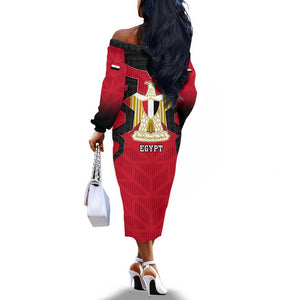 Egypt Flag Emblem Off The Shoulder Long Sleeve Dress Red Black Bold Spirit - African Pride