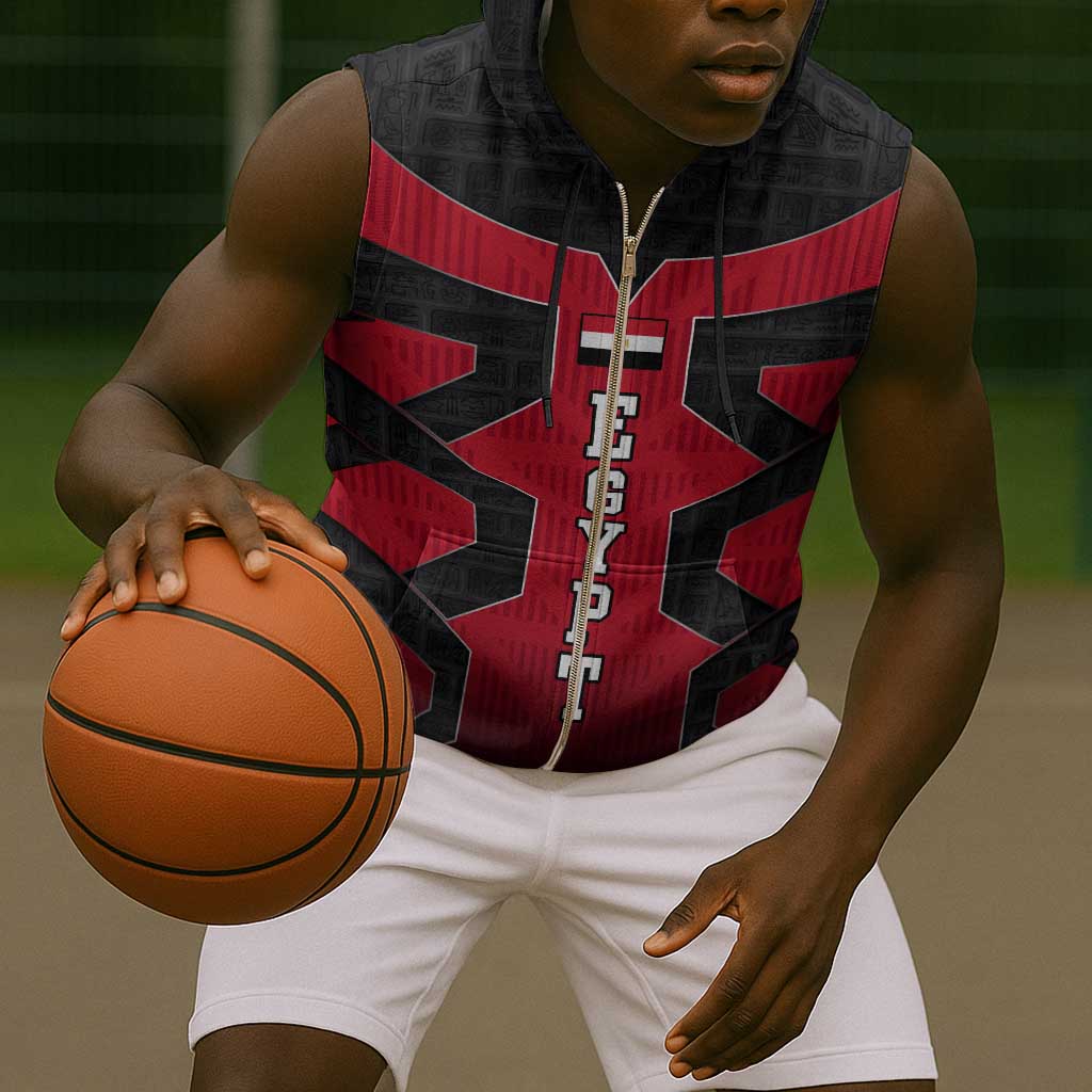 Egypt Flag Emblem Sleeveless Zip Hoodie Red Black Bold Spirit - African Pride