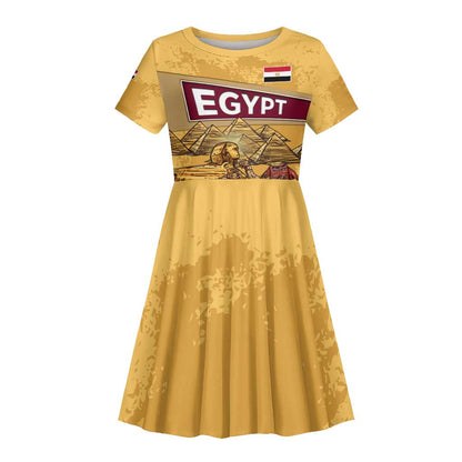Egyptian Pyramids and Anubis Kid Short Sleeve Dress Camel Caravan Desert - African Pride