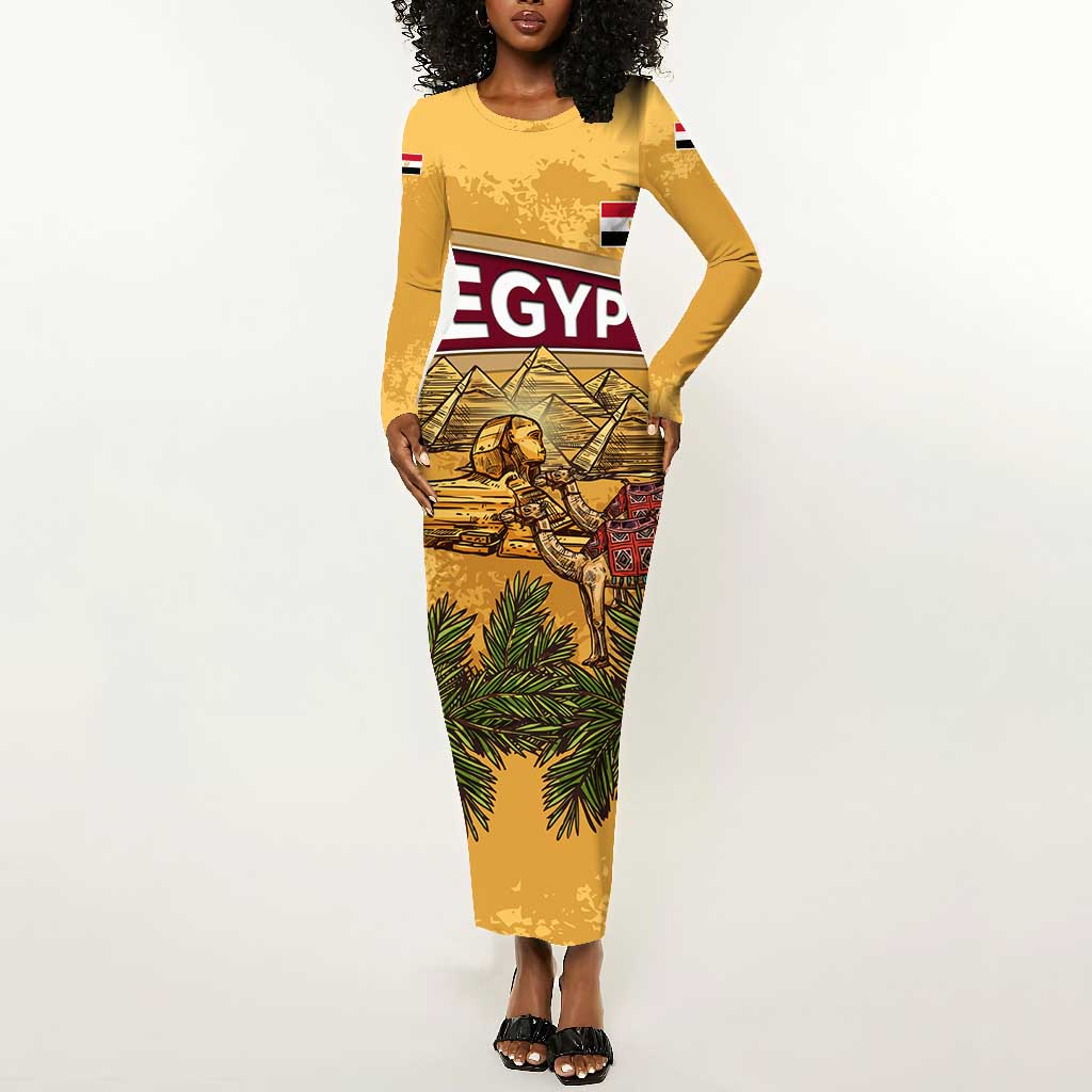 Egyptian Pyramids and Anubis Long Sleeve Bodycon Dress Camel Caravan Desert - African Pride