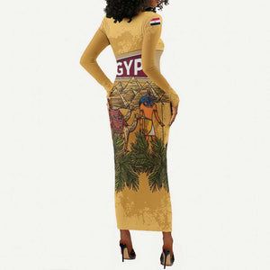 Egyptian Pyramids and Anubis Long Sleeve Bodycon Dress Camel Caravan Desert - African Pride