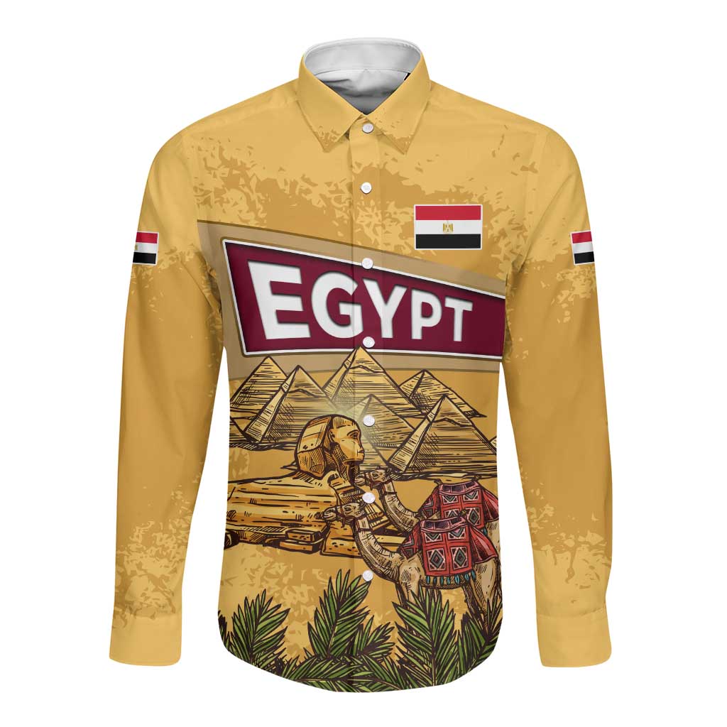 Egyptian Pyramids and Anubis Long Sleeve Button Shirt Camel Caravan Desert - African Pride