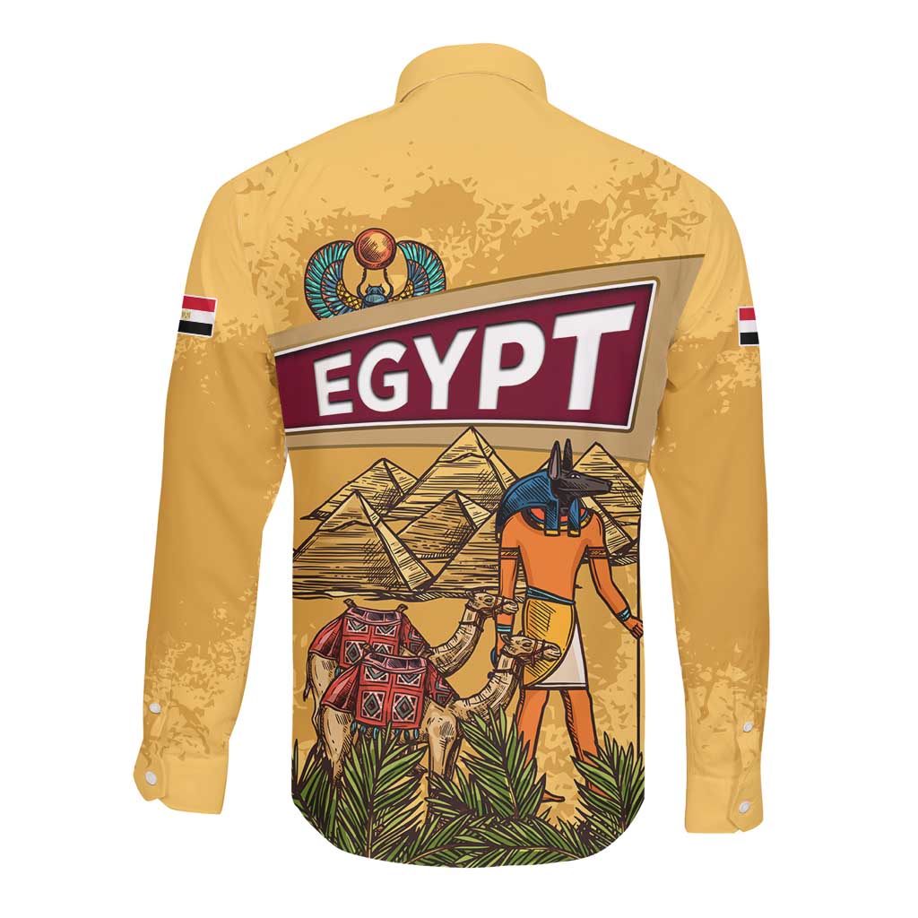 Egyptian Pyramids and Anubis Long Sleeve Button Shirt Camel Caravan Desert - African Pride