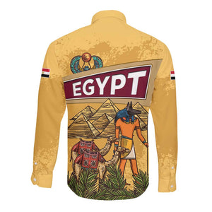 Egyptian Pyramids and Anubis Long Sleeve Button Shirt Camel Caravan Desert - African Pride