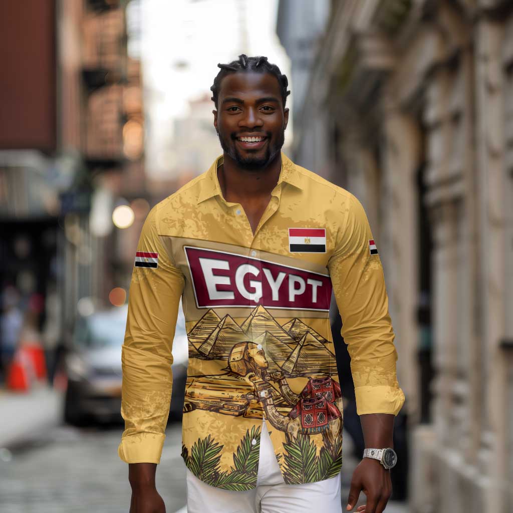 Egyptian Pyramids and Anubis Long Sleeve Button Shirt Camel Caravan Desert - African Pride