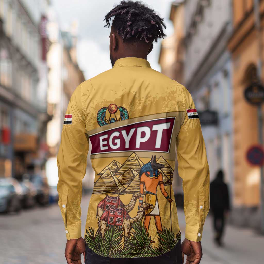 Egyptian Pyramids and Anubis Long Sleeve Button Shirt Camel Caravan Desert - African Pride