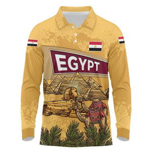 Egyptian Pyramids and Anubis Long Sleeve Polo Shirt Camel Caravan Desert - African Pride