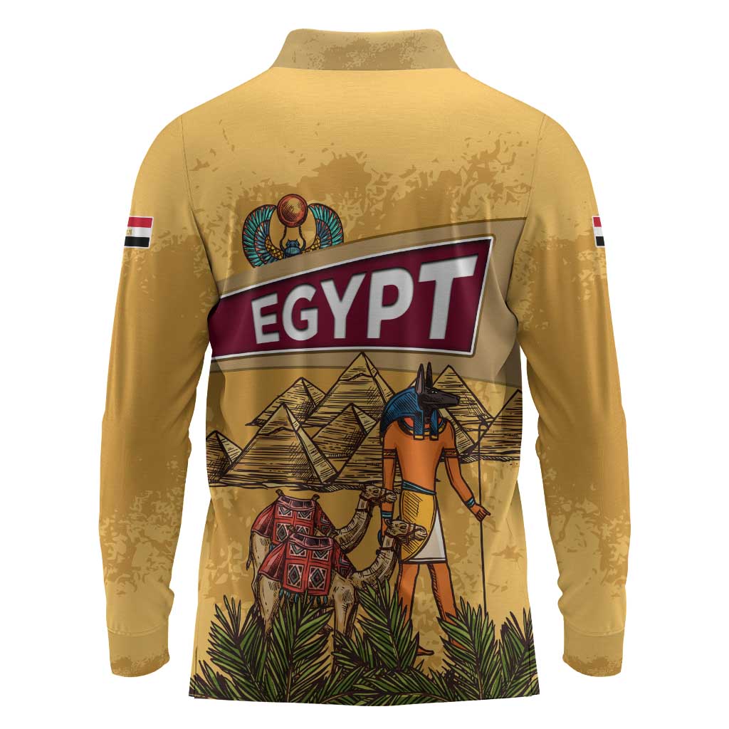 Egyptian Pyramids and Anubis Long Sleeve Polo Shirt Camel Caravan Desert - African Pride