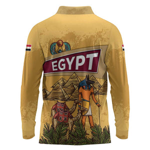 Egyptian Pyramids and Anubis Long Sleeve Polo Shirt Camel Caravan Desert - African Pride