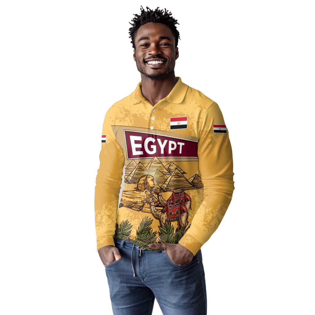 Egyptian Pyramids and Anubis Long Sleeve Polo Shirt Camel Caravan Desert - African Pride