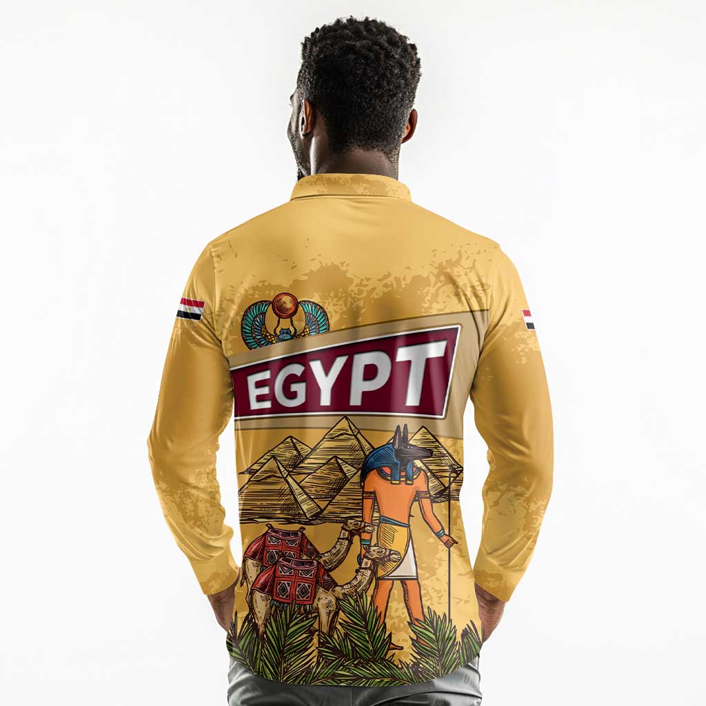 Egyptian Pyramids and Anubis Long Sleeve Polo Shirt Camel Caravan Desert - African Pride