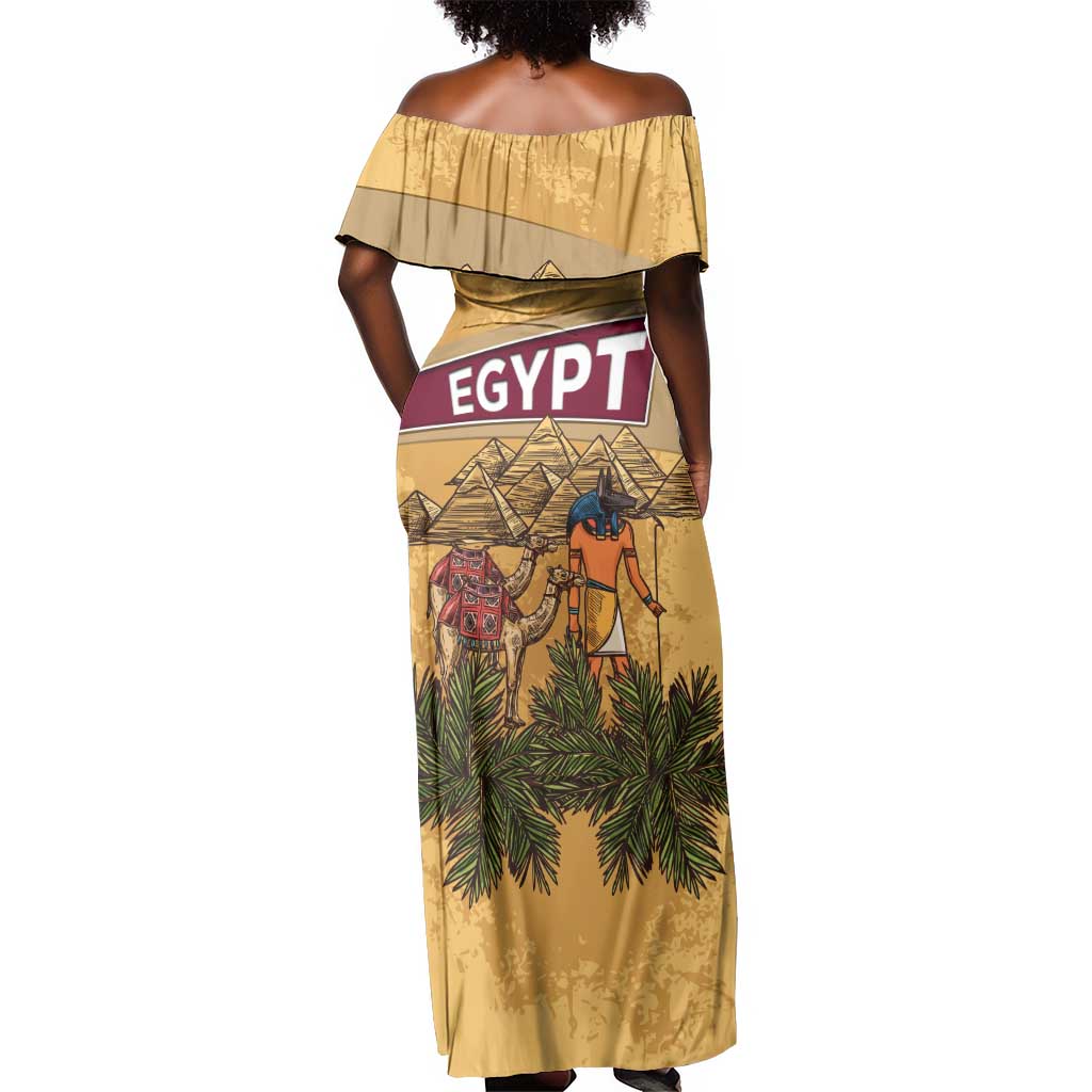 Egyptian Pyramids and Anubis Off Shoulder Maxi Dress Camel Caravan Desert - African Pride