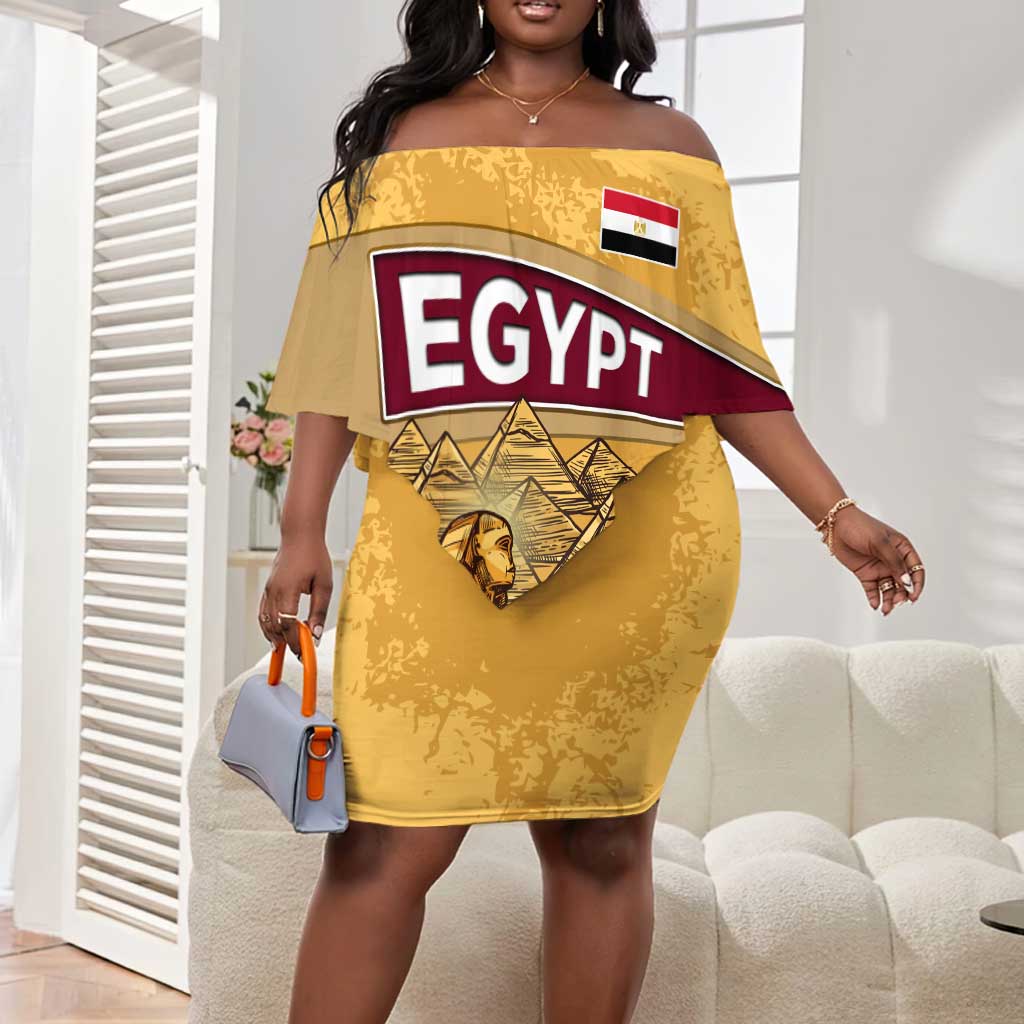Egyptian Pyramids and Anubis Off Shoulder Short Dress Camel Caravan Desert - African Pride