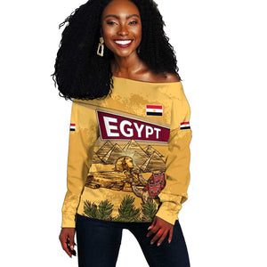 Egyptian Pyramids and Anubis Off Shoulder Sweater Camel Caravan Desert - African Pride