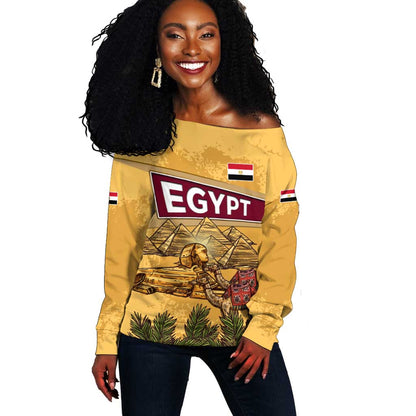 Egyptian Pyramids and Anubis Off Shoulder Sweater Camel Caravan Desert - African Pride