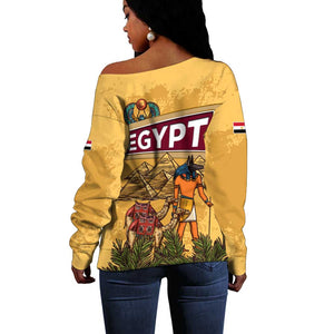 Egyptian Pyramids and Anubis Off Shoulder Sweater Camel Caravan Desert - African Pride