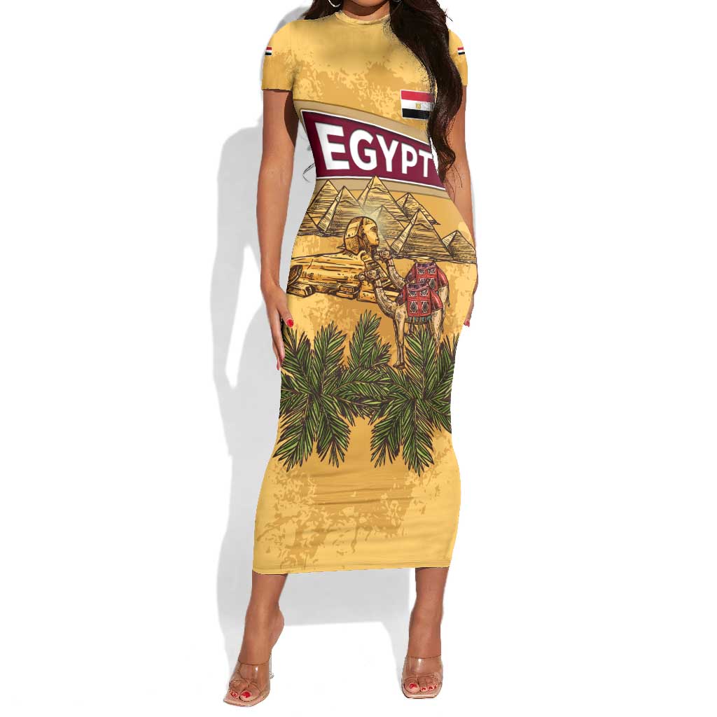 Egyptian Pyramids and Anubis Short Sleeve Bodycon Dress Camel Caravan Desert - African Pride