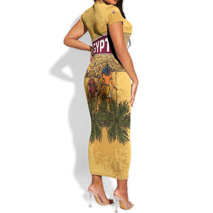 Egyptian Pyramids and Anubis Short Sleeve Bodycon Dress Camel Caravan Desert - African Pride