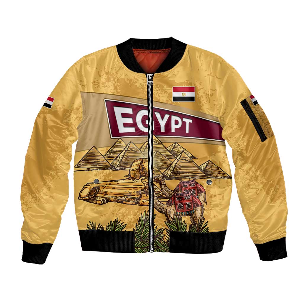 Egyptian Pyramids and Anubis Sleeve Zip Bomber Jacket Camel Caravan Desert - African Pride