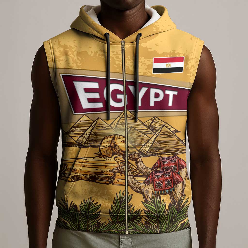 Egyptian Pyramids and Anubis Sleeveless Zip Hoodie Camel Caravan Desert - African Pride
