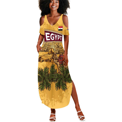 Egyptian Pyramids and Anubis Summer Maxi Dress Camel Caravan Desert - African Pride