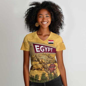 Egyptian Pyramids and Anubis Women V-Neck T-Shirt Camel Caravan Desert - African Pride