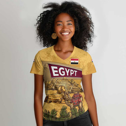 Egyptian Pyramids and Anubis Women V-Neck T-Shirt Camel Caravan Desert - African Pride