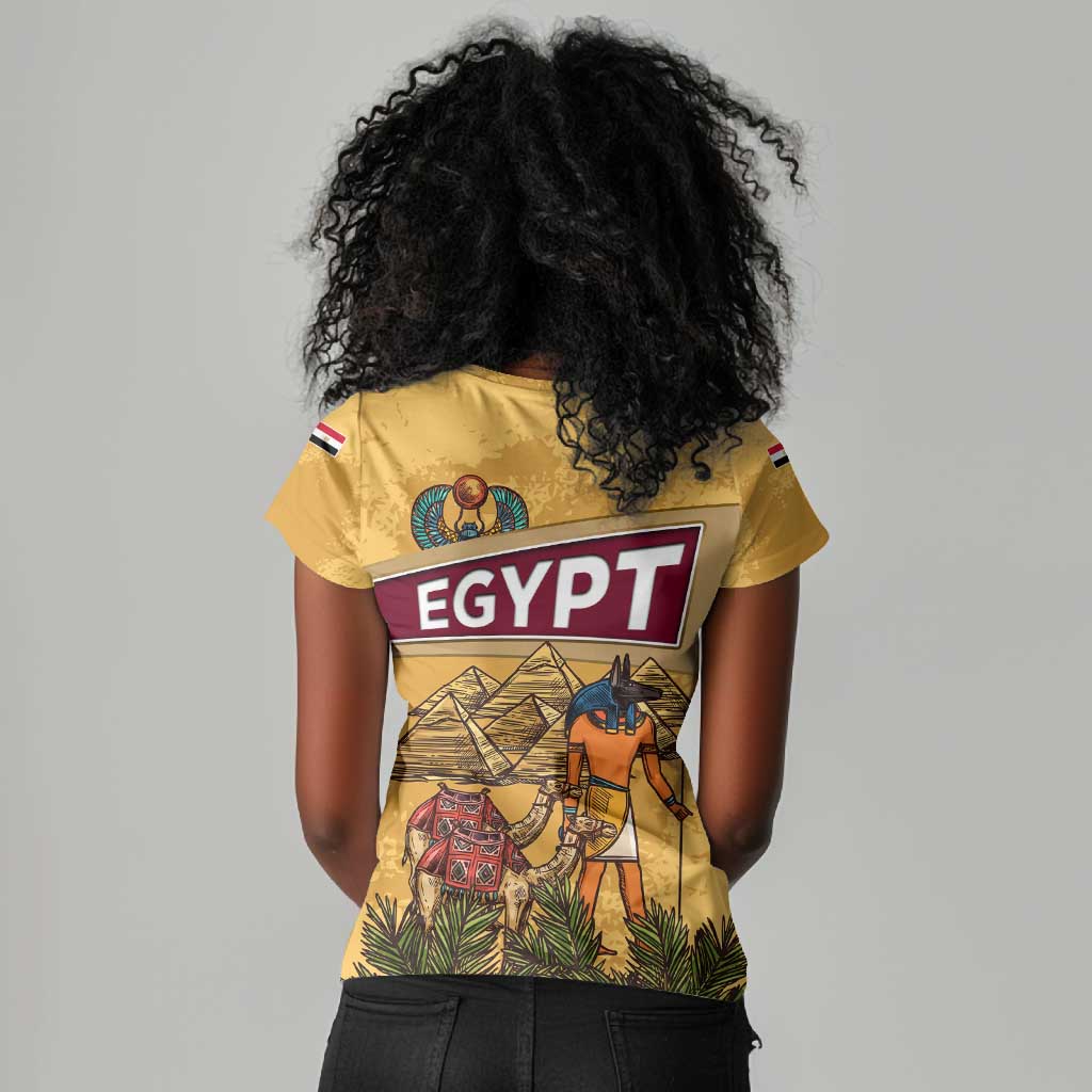 Egyptian Pyramids and Anubis Women V-Neck T-Shirt Camel Caravan Desert - African Pride
