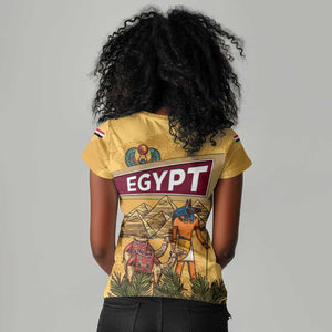 Egyptian Pyramids and Anubis Women V-Neck T-Shirt Camel Caravan Desert - African Pride