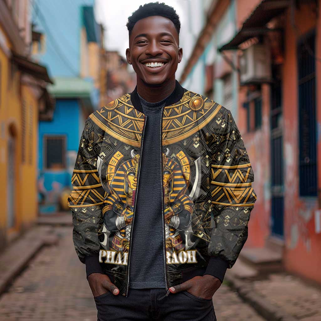 Pharaoh King Tut Egypt Bomber Jacket Hieroglyphic Gold Pattern - African Pride