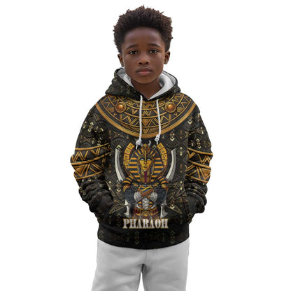 Pharaoh King Tut Egypt Kid Hoodie Hieroglyphic Gold Pattern - African Pride
