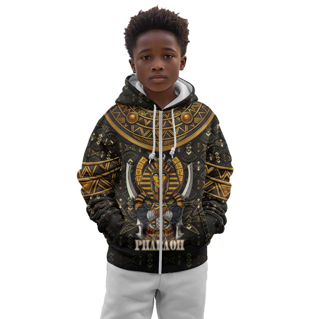 Pharaoh King Tut Egypt Kid Hoodie Hieroglyphic Gold Pattern - African Pride