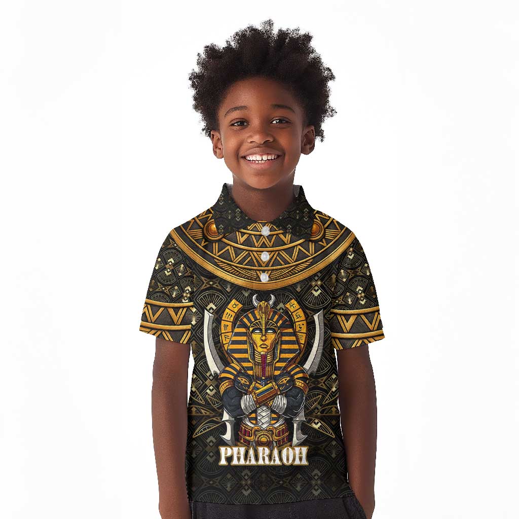 Pharaoh King Tut Egypt Kid Polo Shirt Hieroglyphic Gold Pattern - African Pride