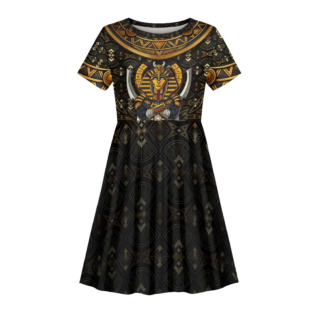 Pharaoh King Tut Egypt Kid Short Sleeve Dress Hieroglyphic Gold Pattern - African Pride