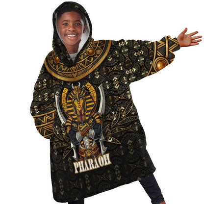 Pharaoh King Tut Egypt Kid Wearable Blanket Hoodie Hieroglyphic Gold Pattern - African Pride